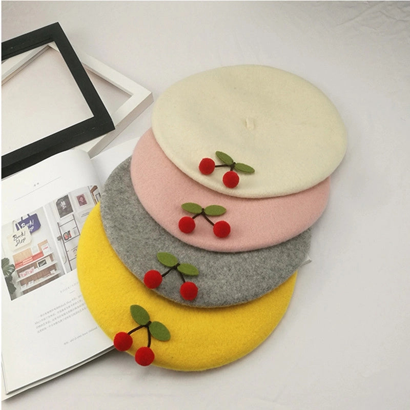 2 Pieces Women's Elegant Pastoral Cherry Eaveless Beret Hat