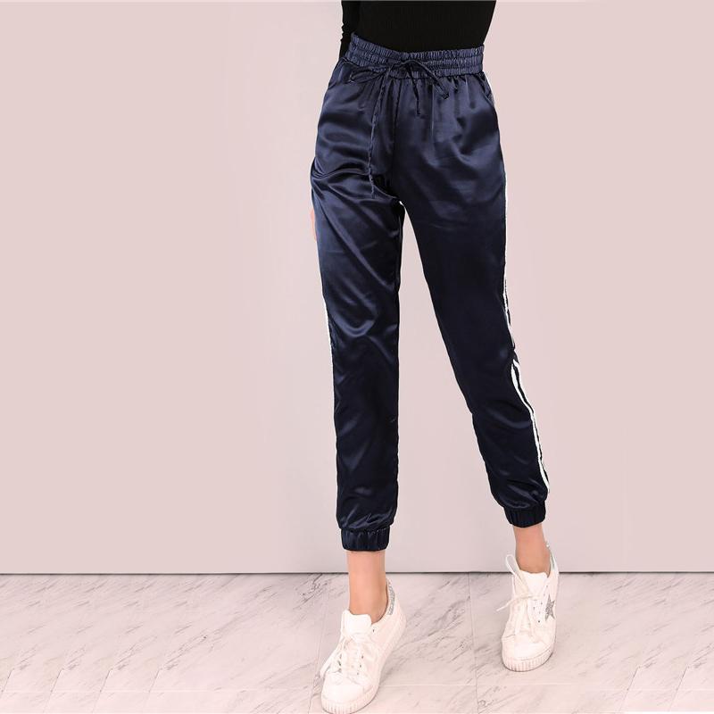 Mid Waist Satin Striped Sport Trouser