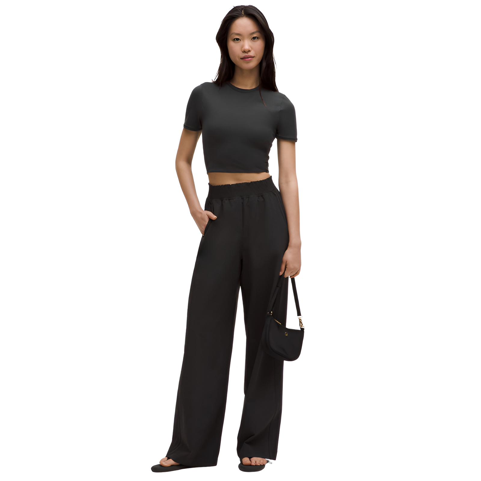 Stretch Woven Ruffle Waist Wide Leg Pants