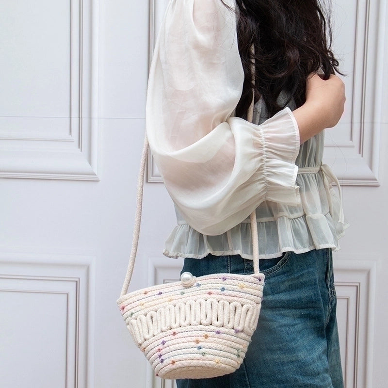 Women's Medium Straw Color Block Classic Style Shell String Straw Bag