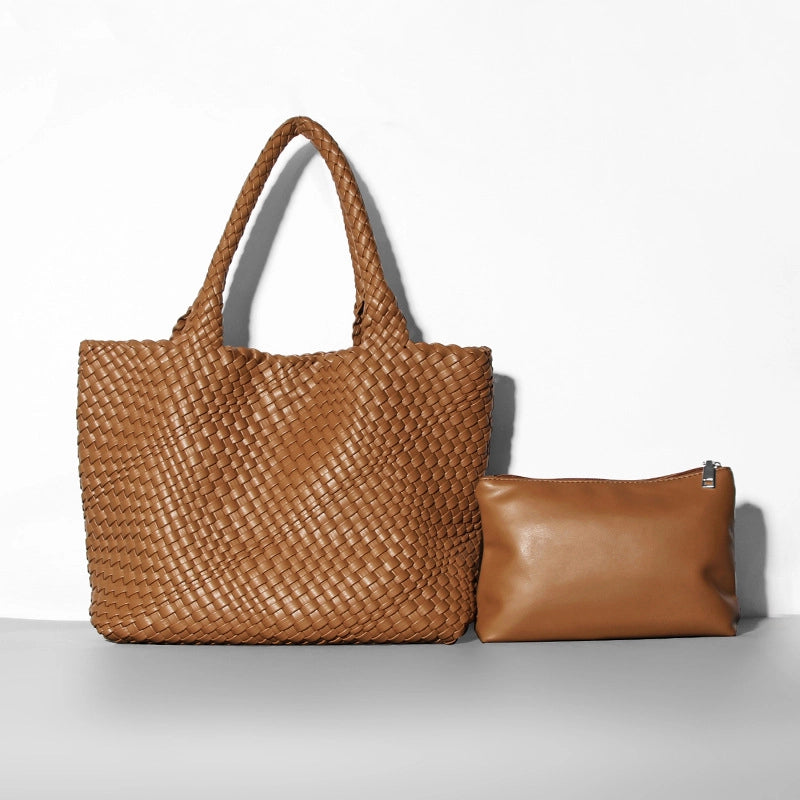 Women's Large Pu Leather Solid Color Classic Style Streetwear Weave Bucket Magnetic Buckle Bag Sets