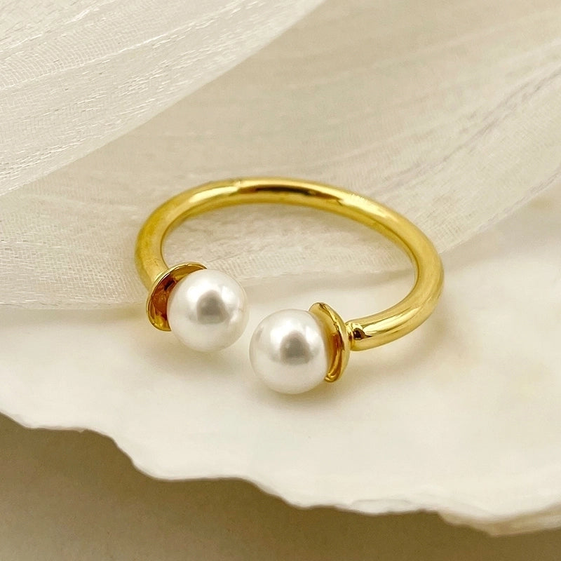 Elegant Baroque Style Modern Style Round Palm 304 Stainless Steel Pearl 14K Gold Plated Asymmetrical Inlay Rings