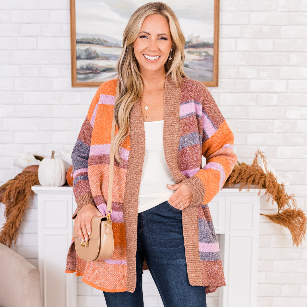 Cocoa Plaid Cardigan. Brown Combo