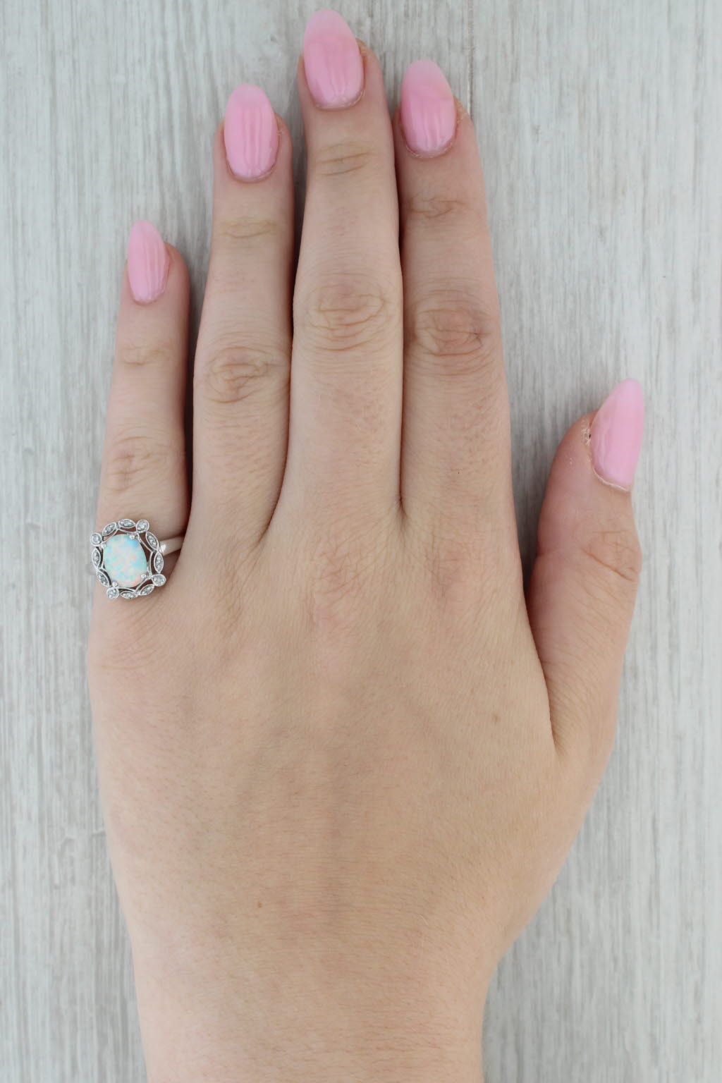 Lab Created Opal Diamond Halo Ring 10k White Gold Size 7.25 Oval Cabochon