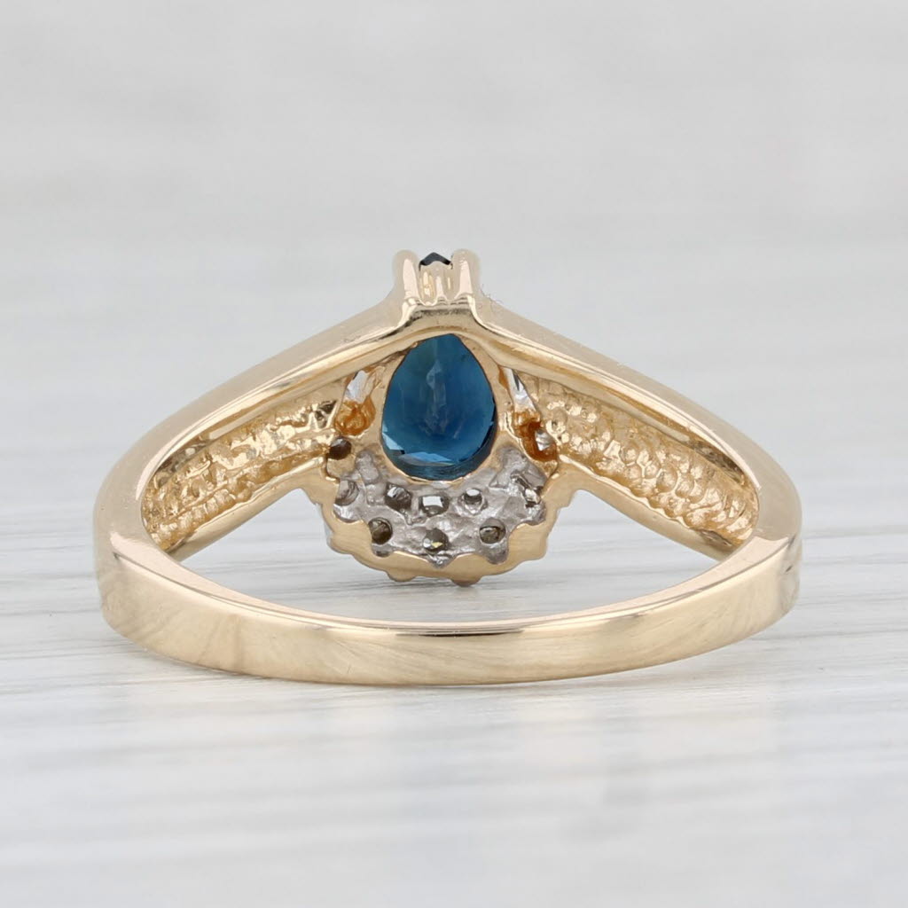 0.85ctw Pear Blue Sapphire Diamond Contoured V Ring 14k Yellow Gold Size 7.5