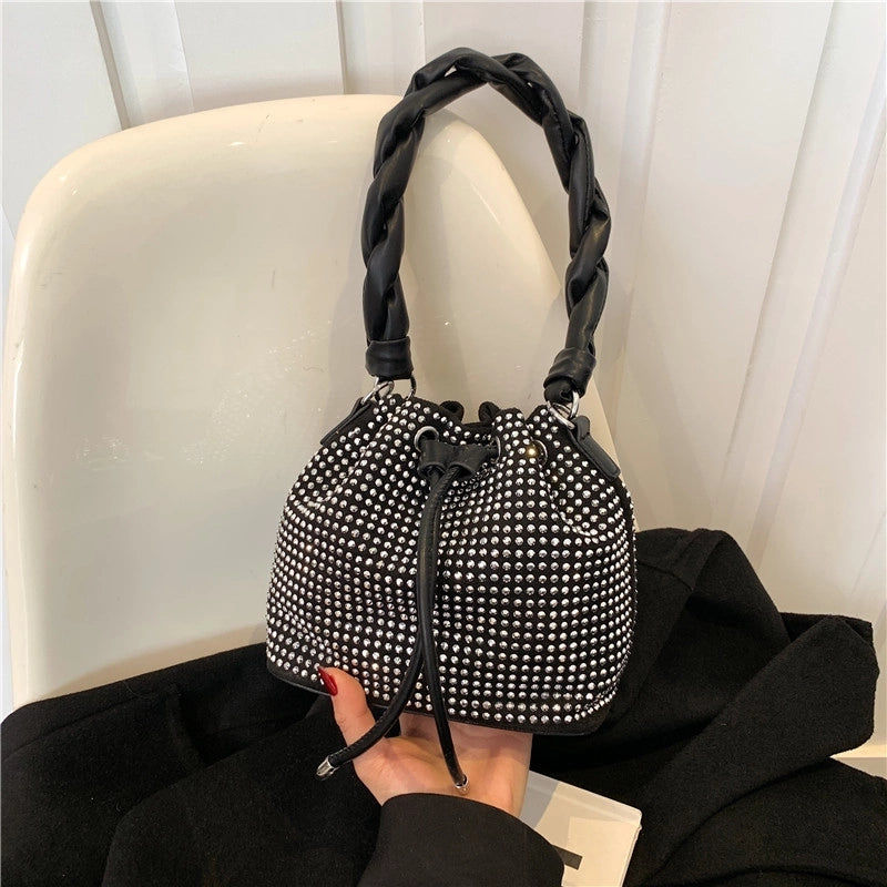 Women's Medium Pu Leather Solid Color Streetwear Rhinestone String Bucket Bag