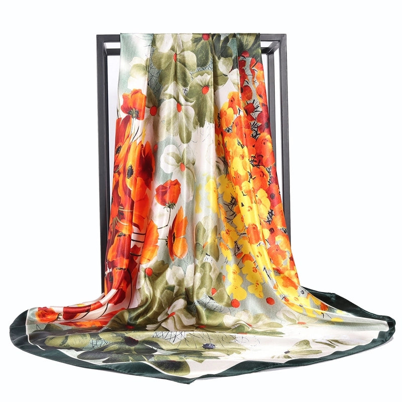 Women's Elegant Formal Peacock Flower Satin Silk Scarf