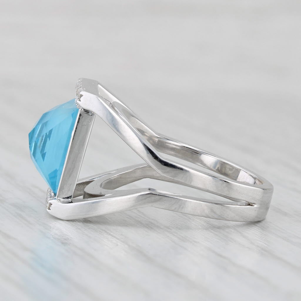 Blue Topaz Mother of Pearl Diamond Ring 18k White Gold Size 6.5