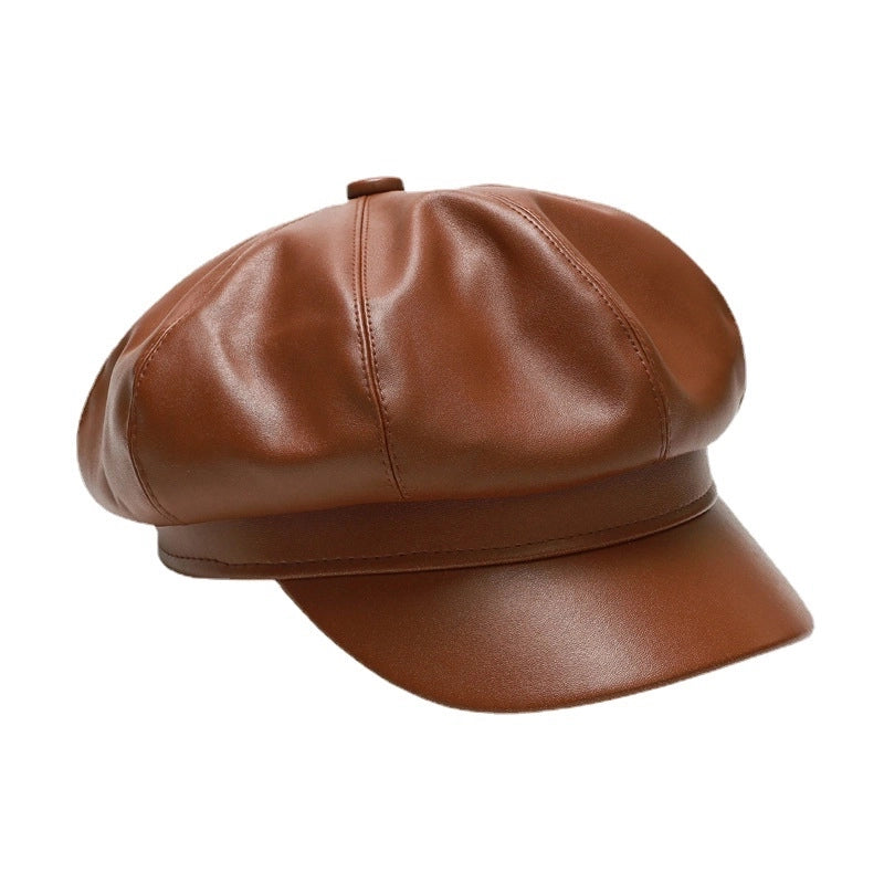 Pu Leather Octagonal Cap Women's Fashionable Autumn And Winter  Retro Cyber Celebrity Newspaper Boy Cap  Bailey Hat