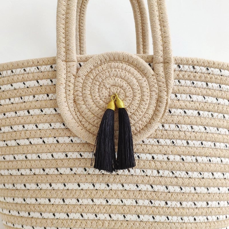 Women's Large Cotton Stripe Vacation Classic Style Weave Bucket Open Beach Bag