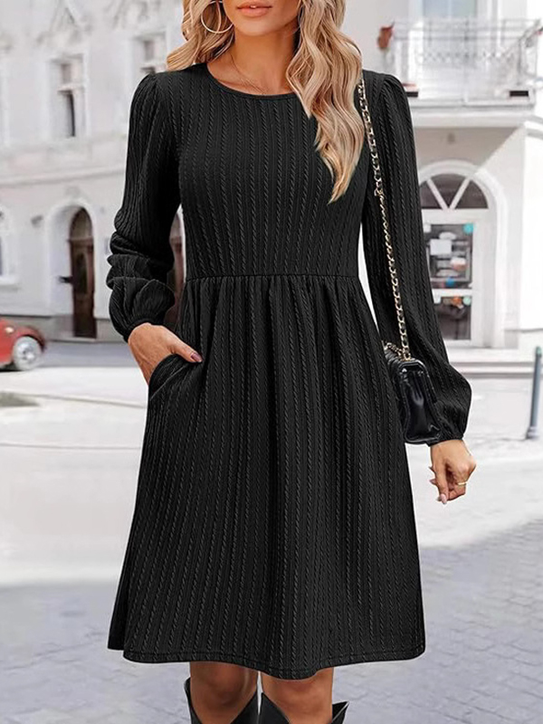 A-Line Long Sleeves Jacquard Solid Color Round-Neck Mini Dresses