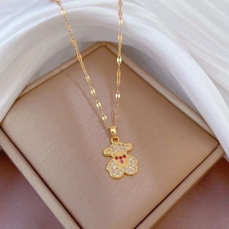Minimalist Bear Titanium Steel Copper Plating Inlay Zircon Pendant Necklace