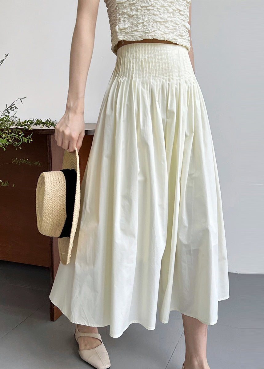 White Fine Cotton A Line Skirt High Waist Wrinkled Fall
