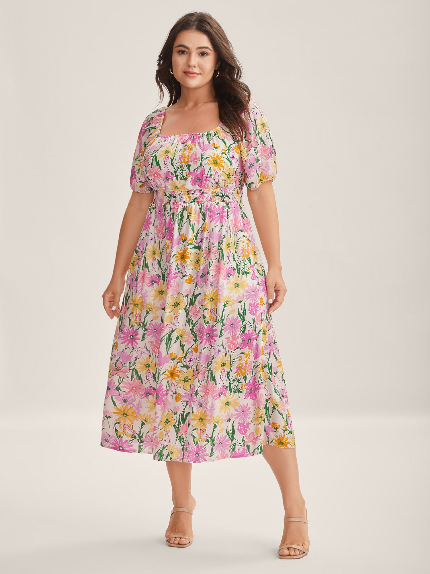 Sweet Floral Print Square Neck Midi Dress