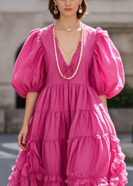 Women Rose Ruffled Exra Large Hem Cotton Dress Puff Sleeve Summer