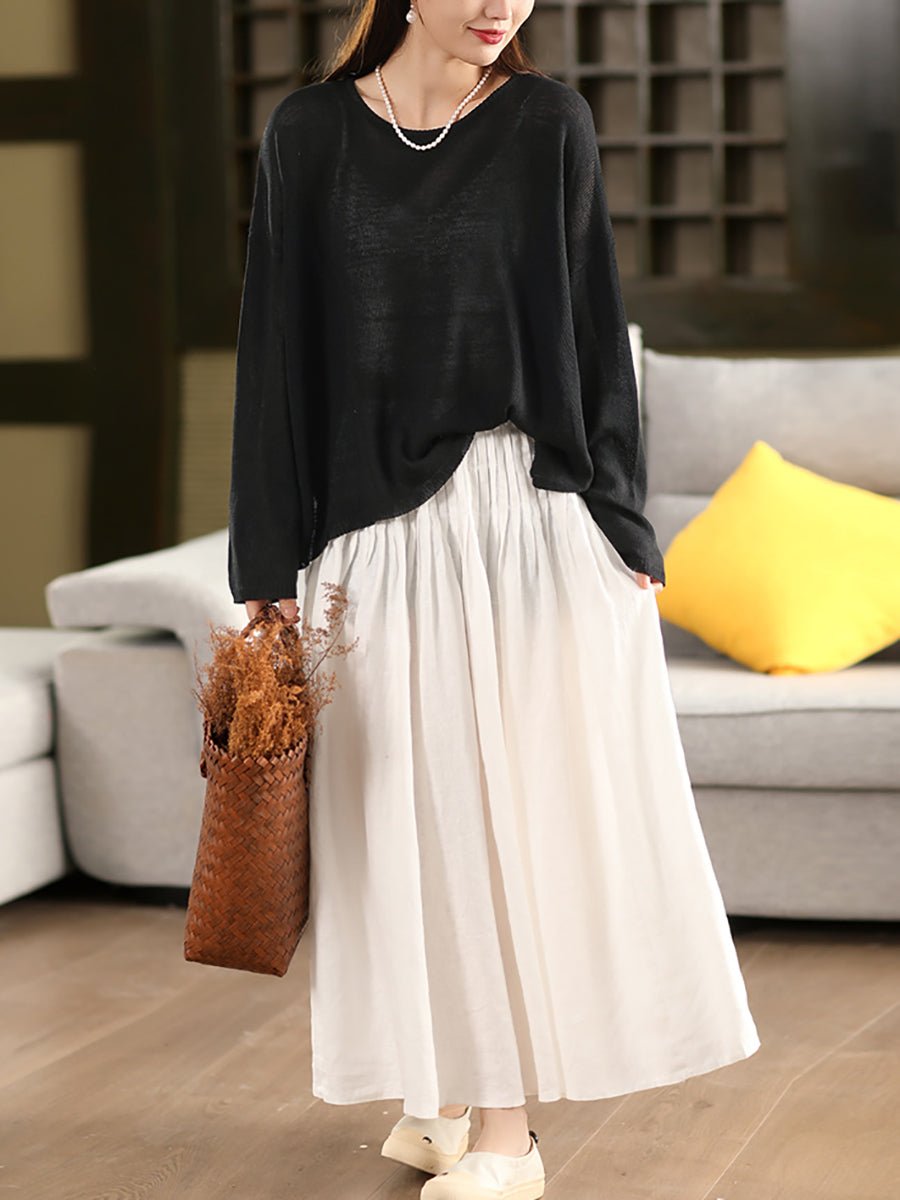Women Summer Pure Color Shirred 100%Linen Skirt