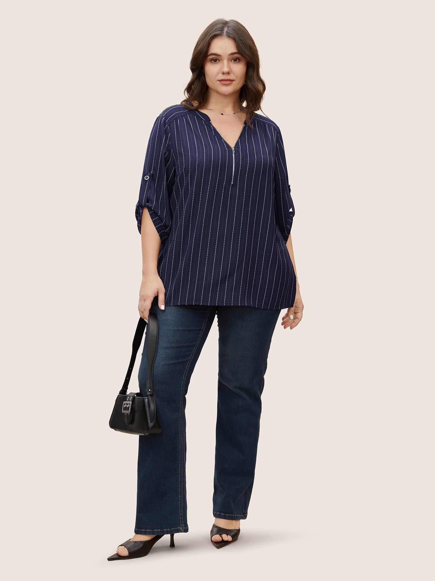 Striped Half Zip Tab Sleeve Blouse
