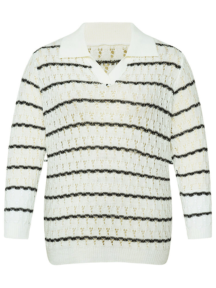 Striped Hollow Out Lapel Collar Pullover