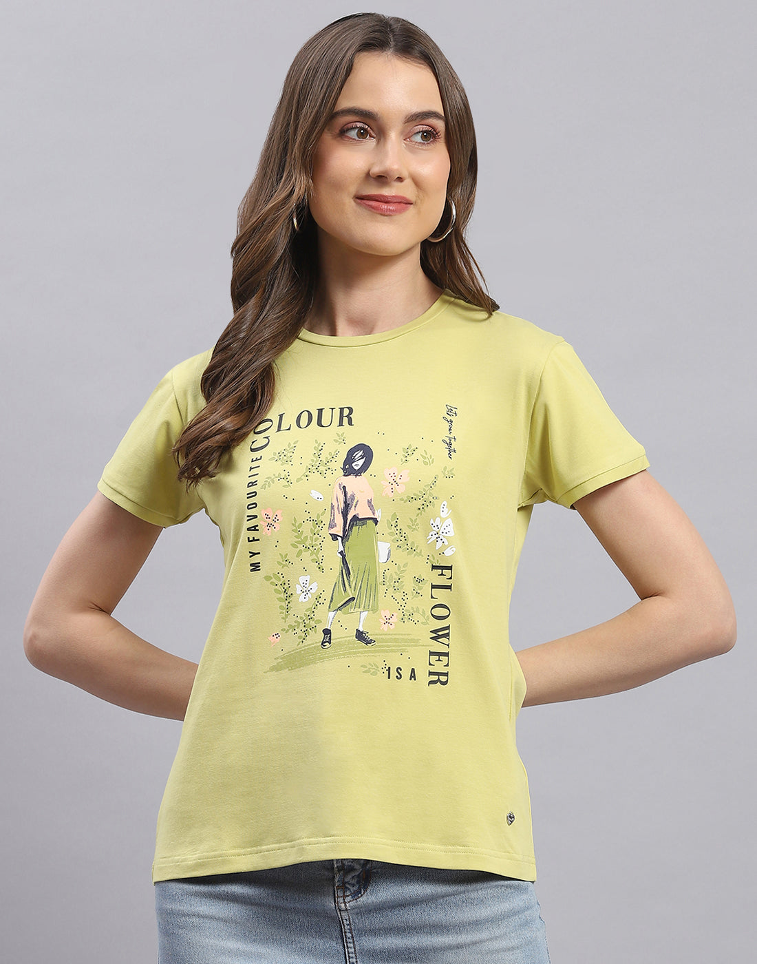 Women Lime Green Printed Round Neck Half Sleeve Top