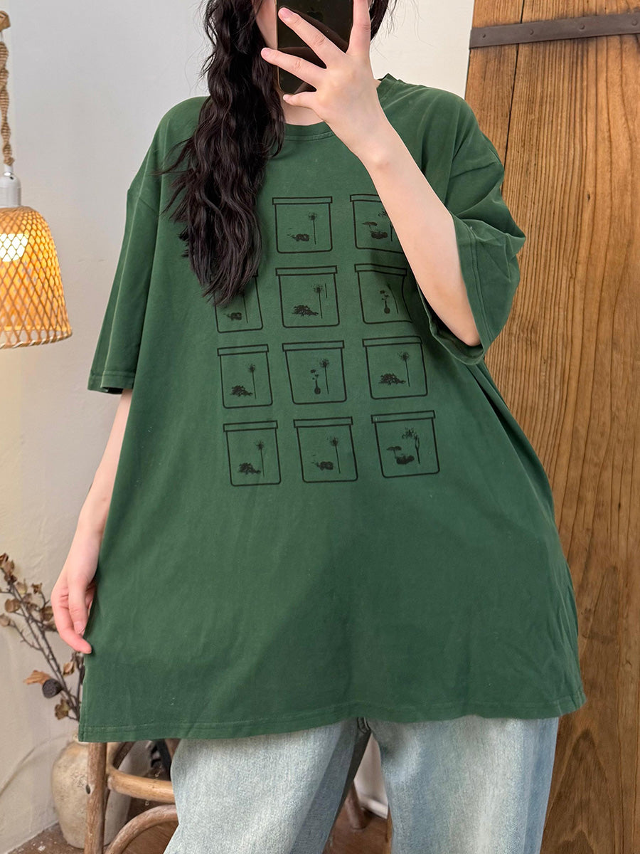 Women Summer Casual Cotton Print O-Neck Shirt