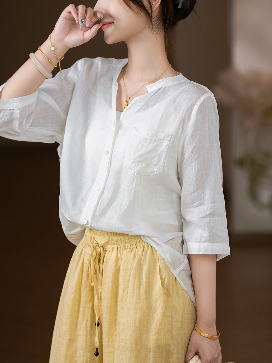 Women Summer Vintage Pure Color V-Neck 100%Ramie Shirt