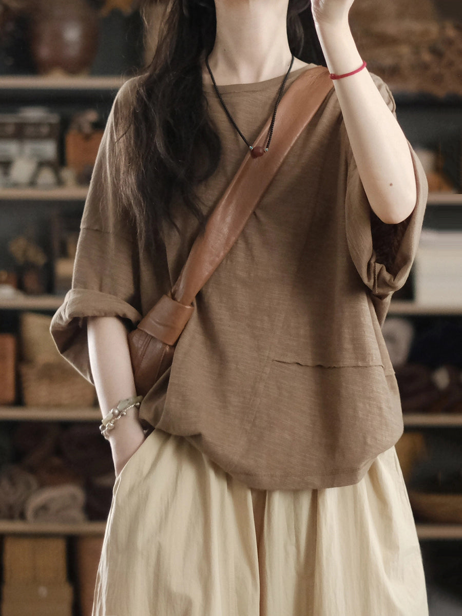 Women Summer Pure Color O-Neck Cotton Linen Shirt