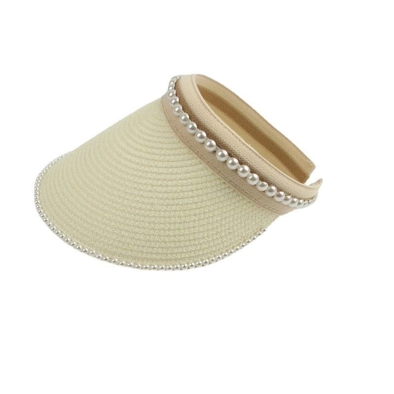 Women's Sweet Pastoral Solid Color Pearl Curved Eaves Sun Hat