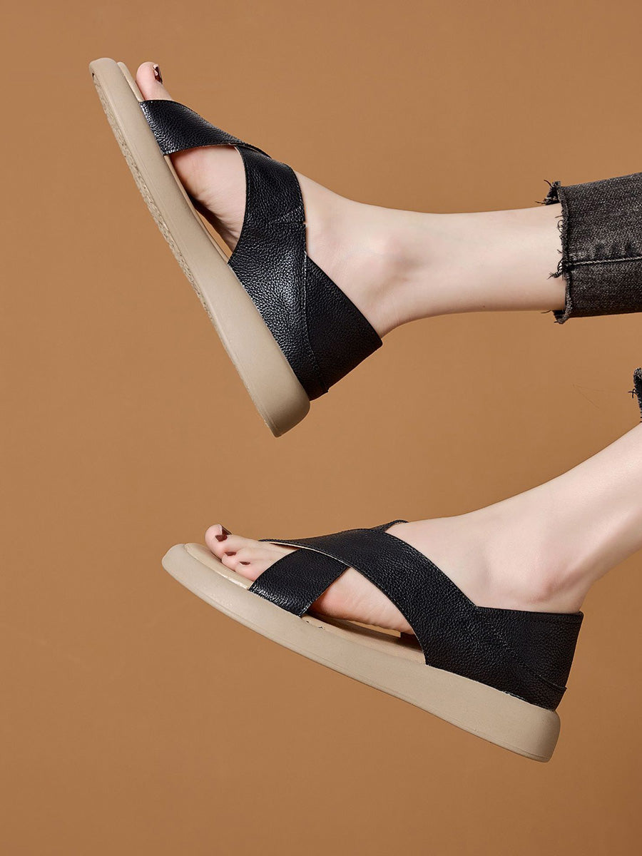 Women Casual Summer Pure Color Leather Slippers