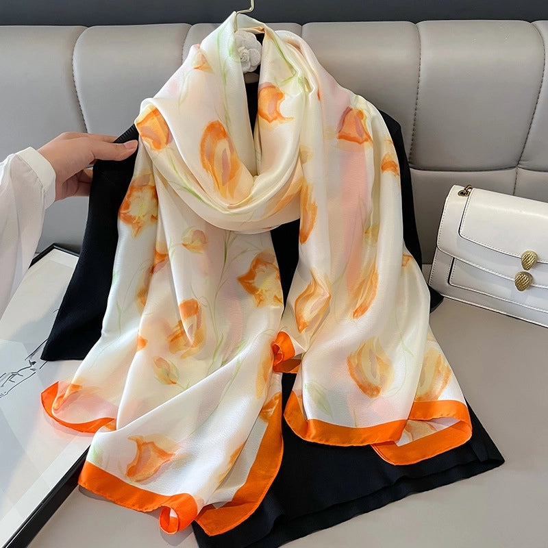 New Tulip Flower Silk Beach Towel Women's High-end Gift Summer Sun Protection Neck Protection