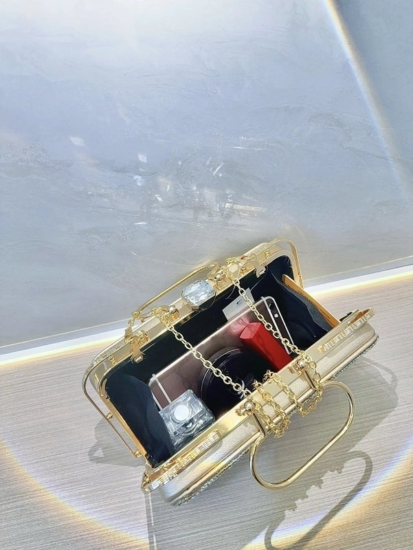 Gold Silver Black Pu Leather Solid Color Pearls Square Evening Bags