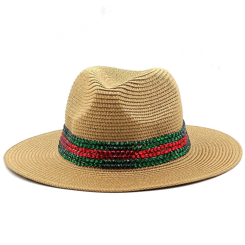 Fashion Outdoor Seaside Sun Shade Fashion Panama Straw Hat Rhinestone Beach Hats