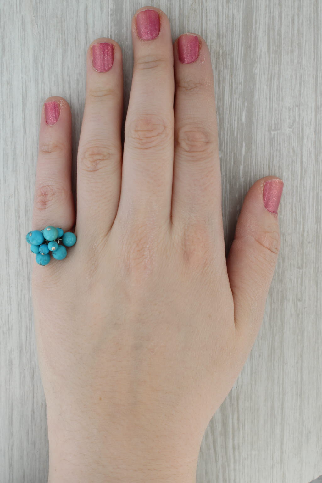 Turquoise Bead Cluster Ring Sterling Silver Size 6 Band Statement