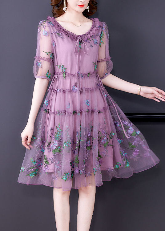 Elegant Purple Embroidered Tulle Holiday Dress Short Sleeve