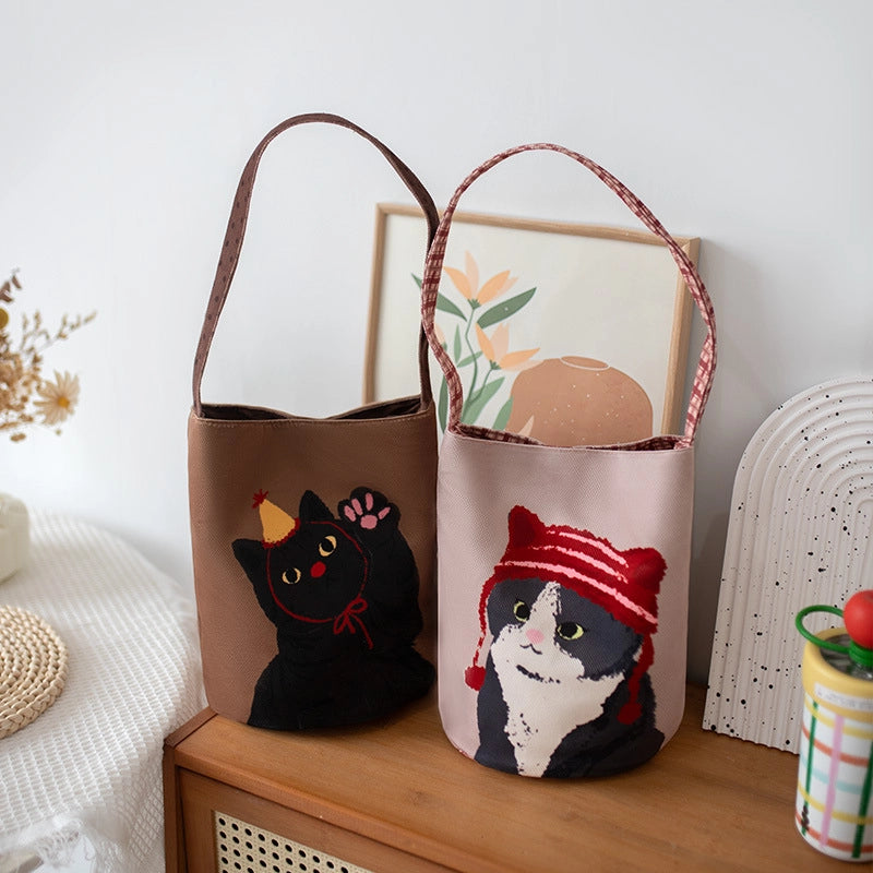 Women's Small Polyester Cat Streetwear Sewing Thread Cylindrical Hidden Buckle Handbag