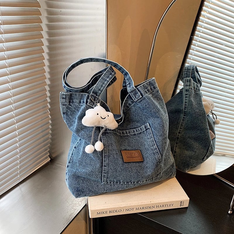 Women's Denim Letter Vintage Style Sewing Thread Square Magnetic Buckle Tote Bag