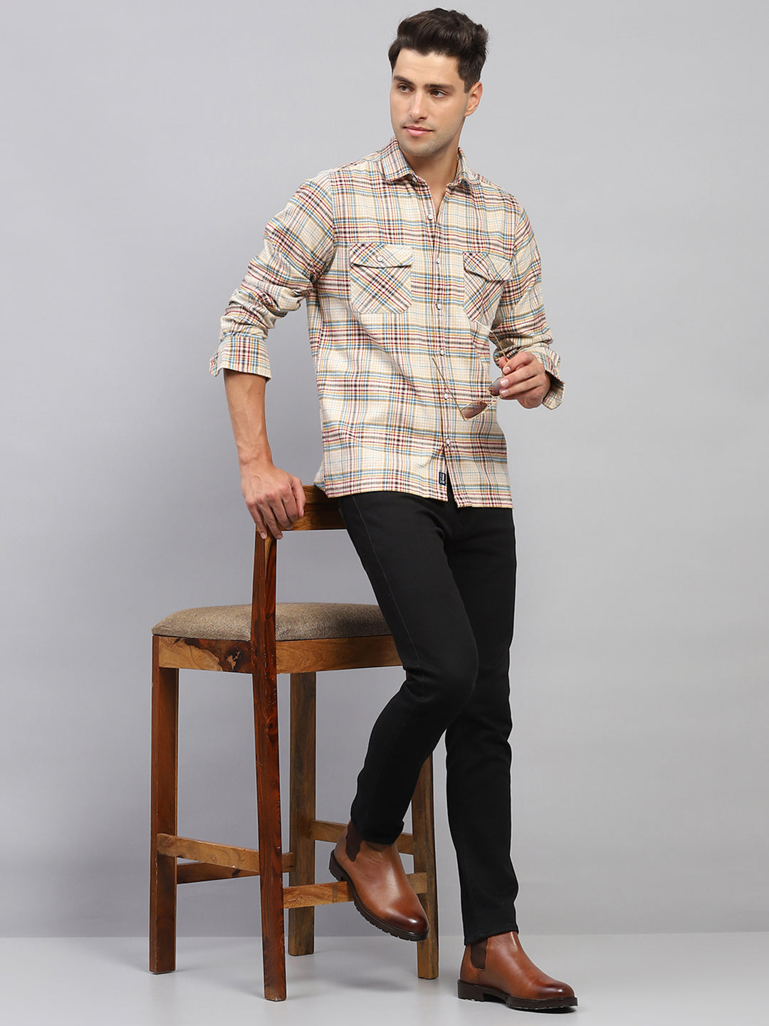 Men Beige Check Collar Full Sleeve Shirt