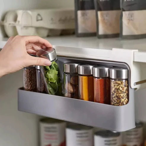 Kitchen Under-Shelf Drawer Spice Rack With 6 Seasoning Bottles. Under Shelf Spice Rack