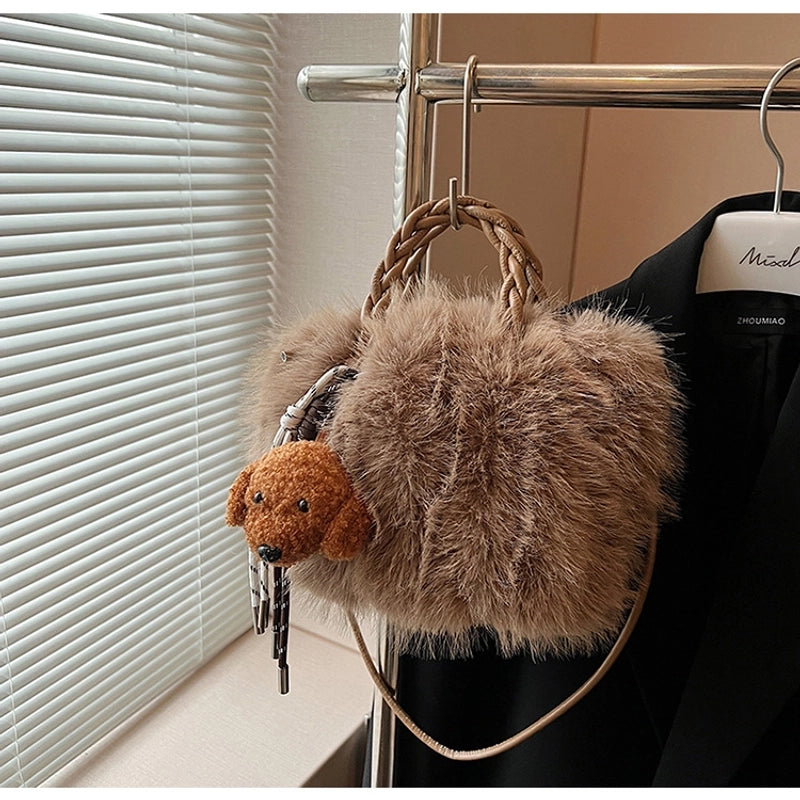 Women's Plush Solid Color Basic Square Magnetic Buckle Shoulder Bag Handbag Crossbody Bag