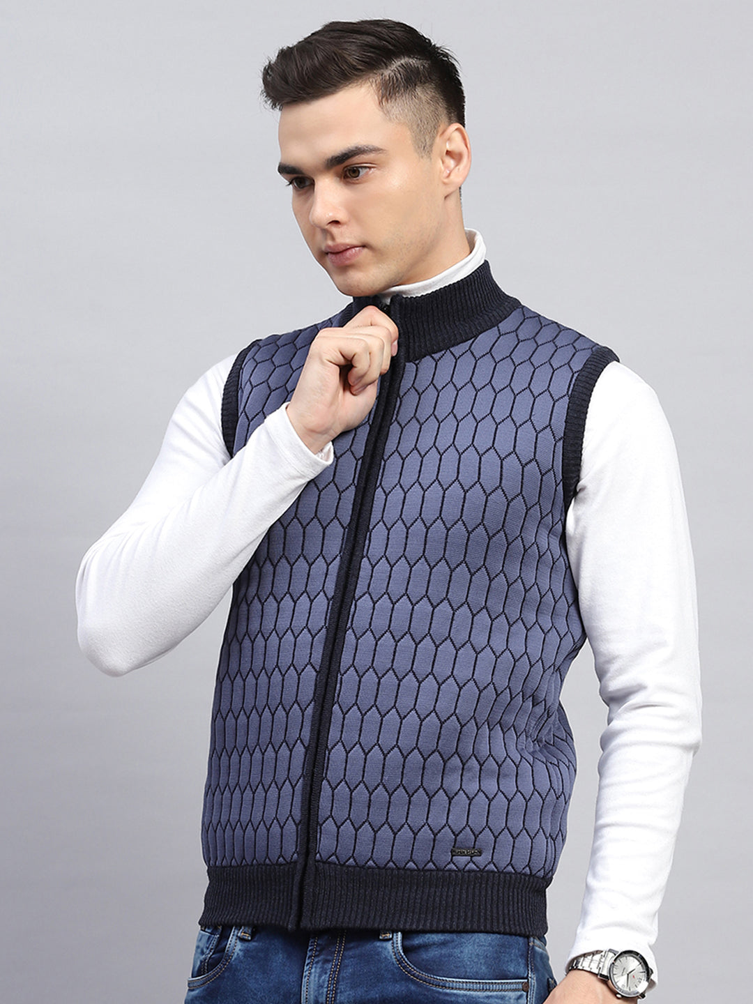 Men Navy Blue Self Design Mock Neck Sleeveless Jacket