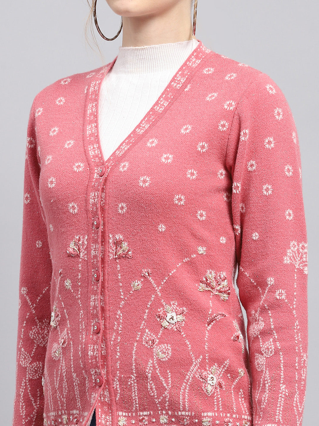 Women Pink Self Design V Neck Full Sleeve Cardigan