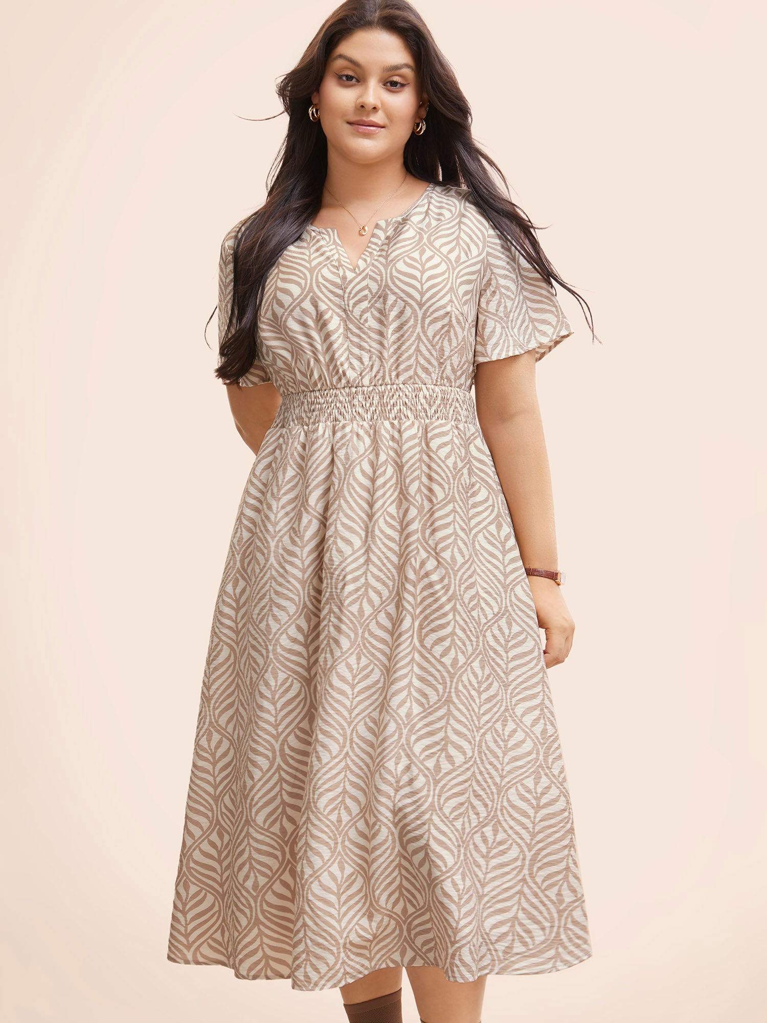 Boho Print Notched Collar Shirred Dress