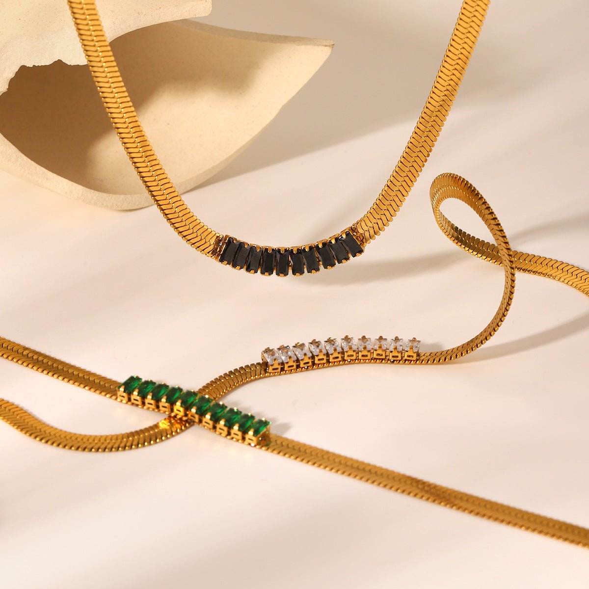18K Gold Stainless Steel Blade Chain Inlaid Zircon Necklace Flat Snake Chain Titanium Steel Clavicle Chain
