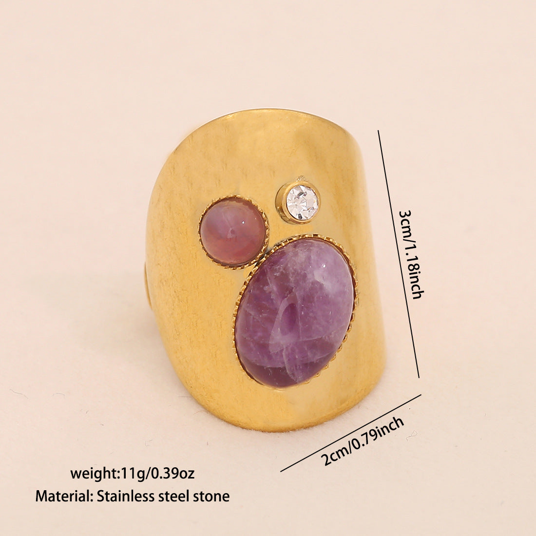 Retro Amethyst Natural Stone Ring Geometric Metal Style Open Ring R120