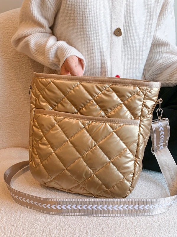 Women's Pu Leather Lingge Vintage Style Sewing Thread Bucket Zipper Shoulder Bag