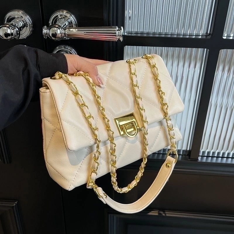 Women's Lingge Classic Style Sewing Thread Square Lock Clasp Shoulder Bag