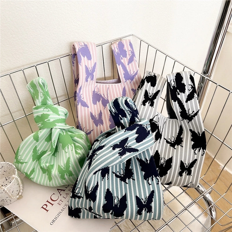 Women's Small Knit Houndstooth Stripe Butterfly Classic Style Square Open Handbag