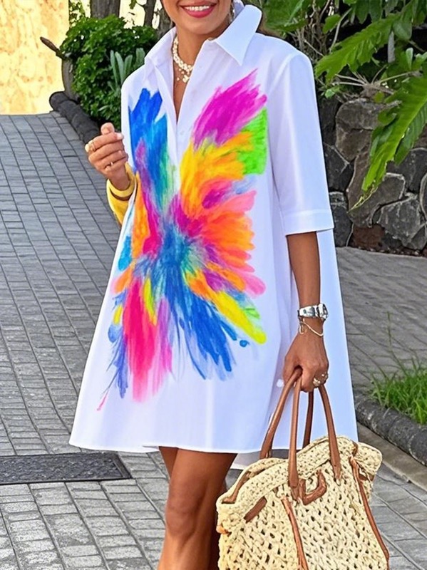 Half Sleeves Loose Buttoned Contrast Color Printed Lapel Mini Dresses Shirt Dress