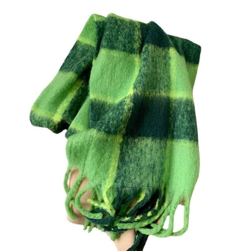 Green Big Mao Plaid Scarf Women's Autumn And Winter  Thickened Warm Atmosphere Fashionable Scarf