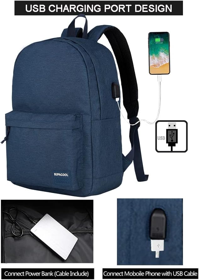 SUPACOOL Casual Laptop Backpack for Men and Women, School Backpack for Boys and Girls, College Bookbag, USB Charging Port, Lightweight Back Pack(Black)