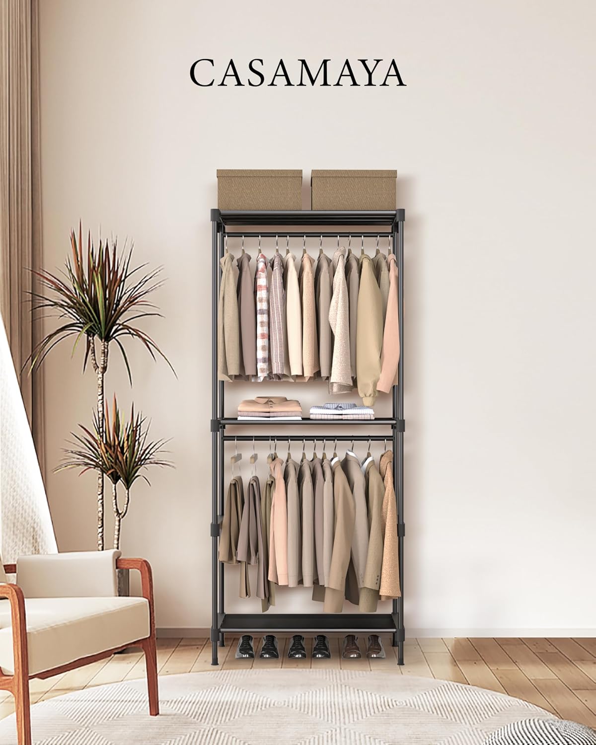 Clothes Rack, Portable Closet, 54.3 Inch Large Capacity Wardrobe Closet, Clothes Storage Organizer with Shelves and 3 Hanging Rods, Easy to Assembly, Black PCT022B01
